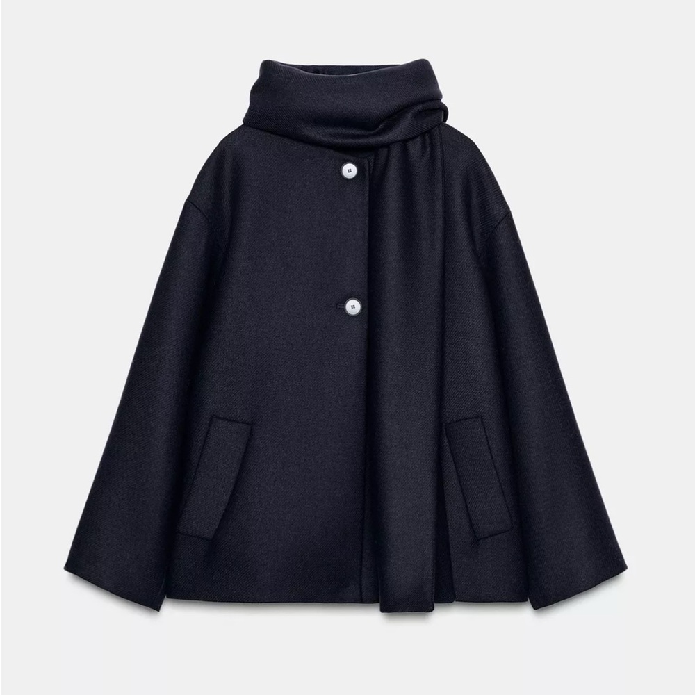 Zara Wool Blend Short Coat with Scarf XL